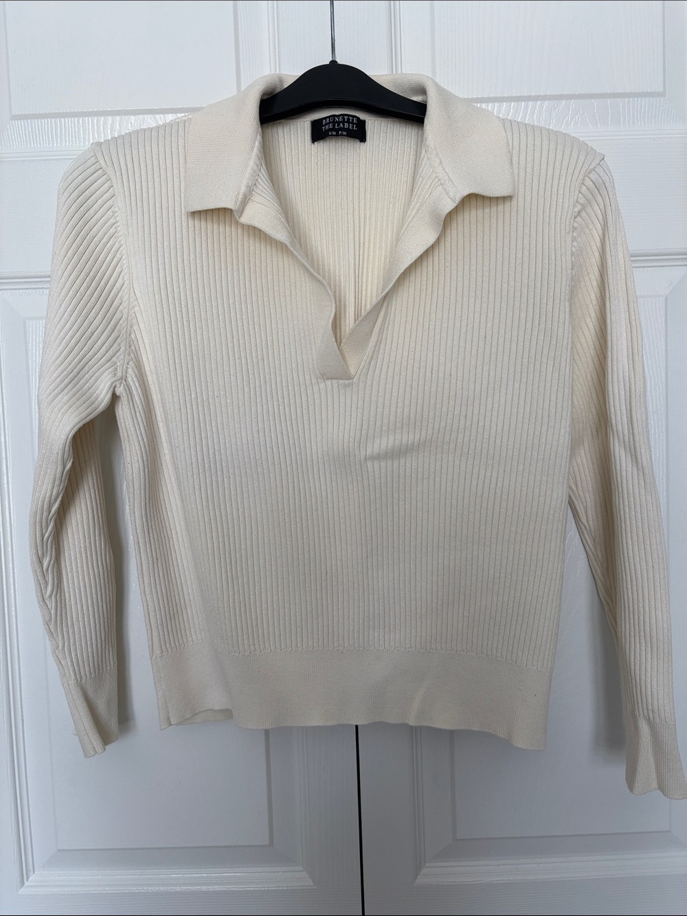 Brunette The Label Cream Ribbed V-Neck Collared Sweater